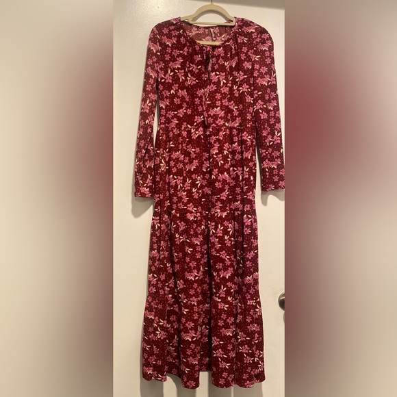 Free People - Maroon & Pink Floral Print Long Sleeve Maxi Dress🍒 - Picture 7 of 11